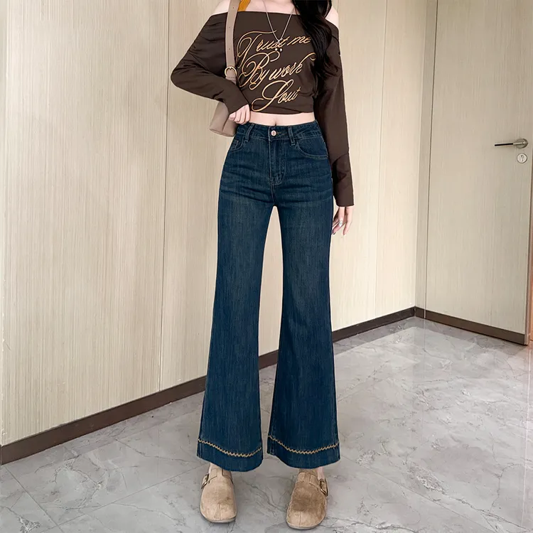 深蓝色微喇牛仔裤女2025年秋季新款小个子显瘦刺绣高腰弹力九分裤