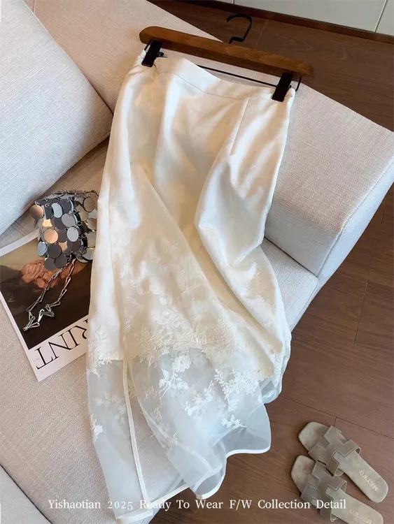 新中式提花网纱刺绣半身裙女夏季百搭高级感气质法式开叉直筒裙子