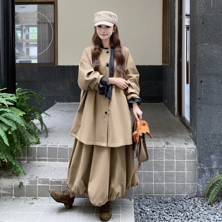 宽松薄款风衣袖型厚款休闲大衣中长款口袋气质长袖时尚复古三件套