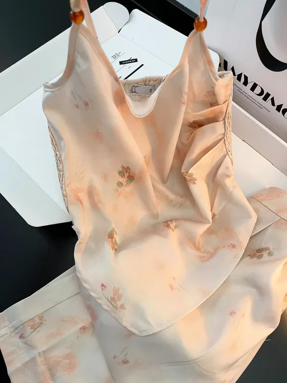 【DMXJ大梦想家】法式甜美可爱冰丝睡衣女夏季款吊带长裤家居服套装