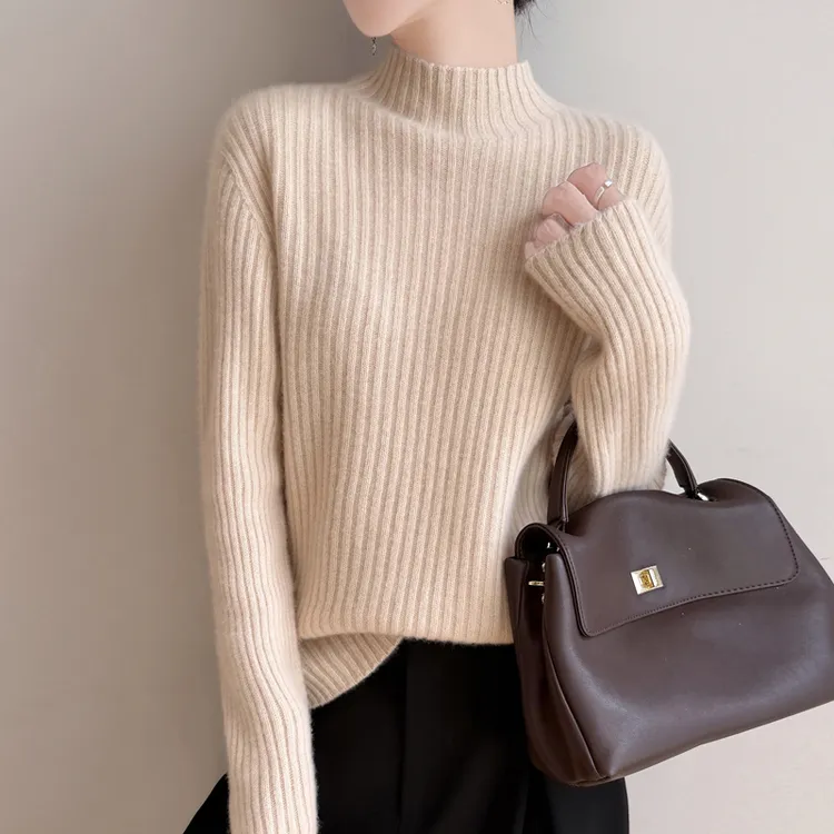 加厚特保暖 抽条半高领针织打底衫女秋冬宽松显瘦套头毛衣
