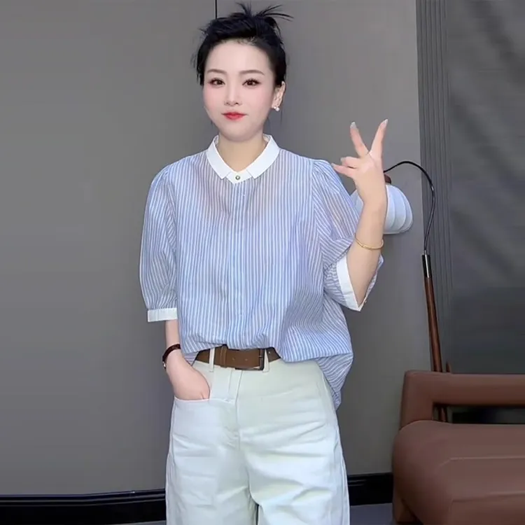 欧货高端大牌2025夏季新款女装蓝色翻领条纹薄款五分袖雪纺衬衫女