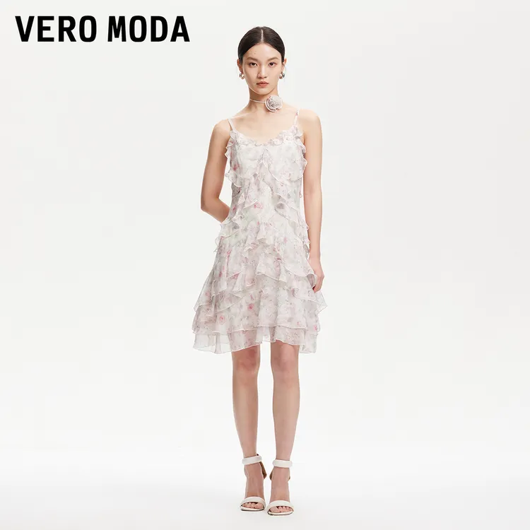 Vero Moda连衣裙女欧若风2025新款花朵层叠荷叶边气质32527A011  