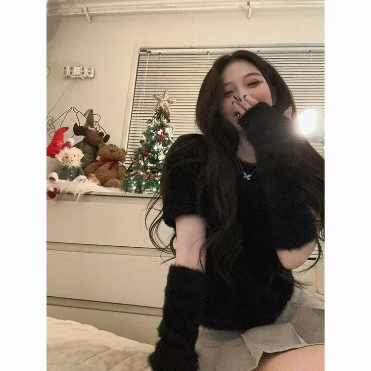 胖鑫家韩版软软糯糯圆领断袖套头氛围感毛衣25219