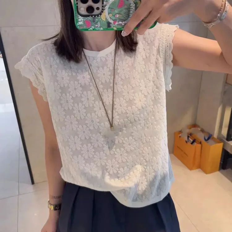 【飞袖蕾丝花朵】甜美气质百搭针织背心夏季新款蕾丝拼接薄女上衣