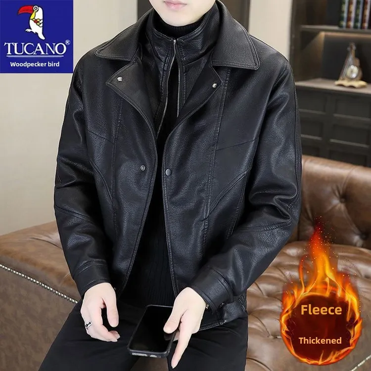 啄木鸟秋冬毛绒保暖皮夹克男式夹克休闲时尚潮流品牌皮夹克男服装