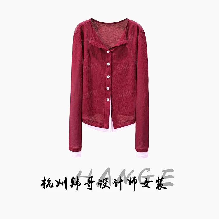 【韩哥女装】2025秋冬新品燃红拼接钉扣休闲高弹打底上衣10051-A1