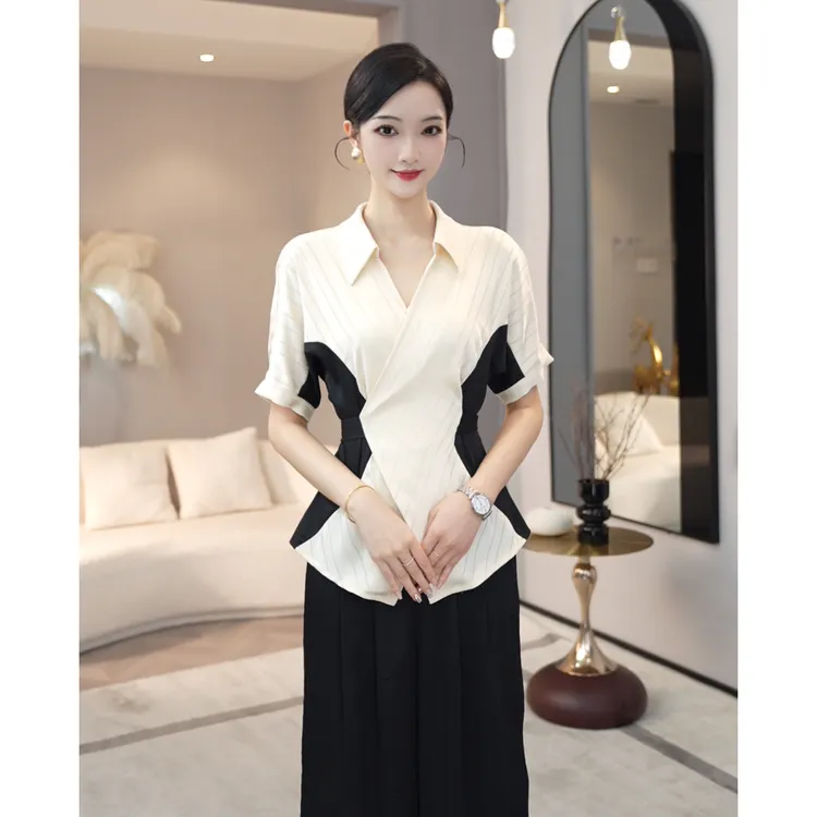 唐熹2025年夏季新款【ZM-X816】高级感女装米白色短袖缎面衬衫上衣