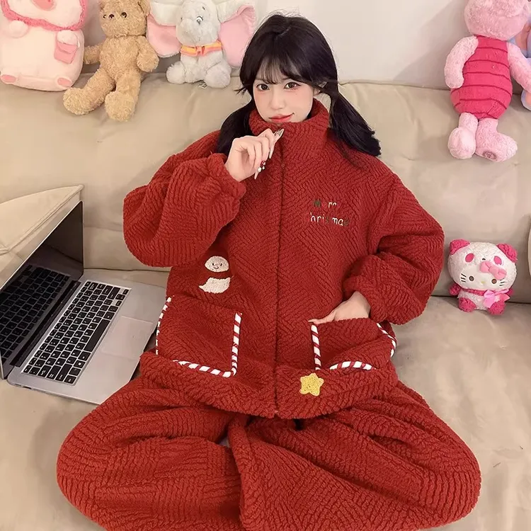 卡通可爱珊瑚绒睡衣女士秋冬季加厚保暖法兰绒红色喜庆家居服套装