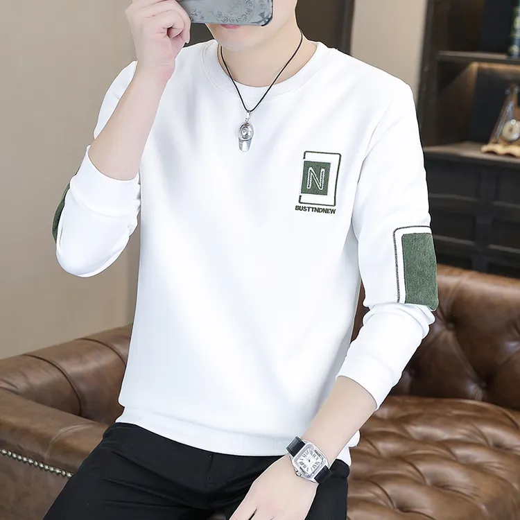 森铂男士秋季新款刺绣休闲卫衣简约撞色百搭潮流圆领长袖上衣1155