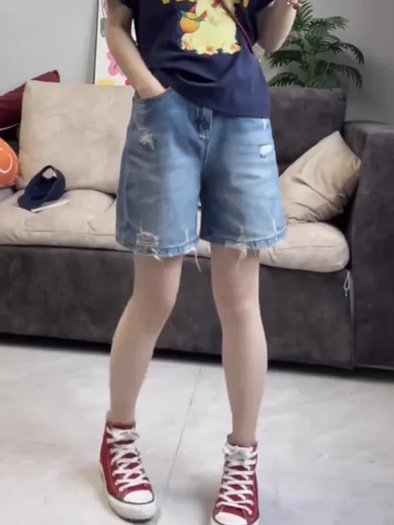 大码破洞毛边复古直筒牛仔短裤女2025夏季薄款无弹a字五分阔腿裤