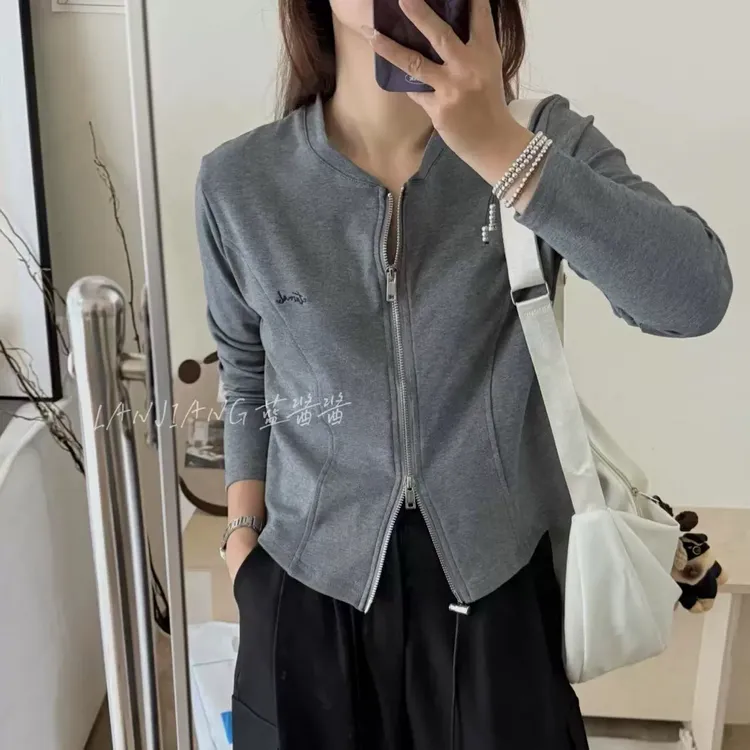 LANJIANG 曲线轴·双拉链开衫卫衣外套 小个子修身显瘦早秋上衣