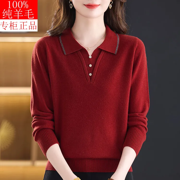 时尚妈妈装秋冬100%纯羊毛高档翻领套头红色毛衣中老年女百搭上衣