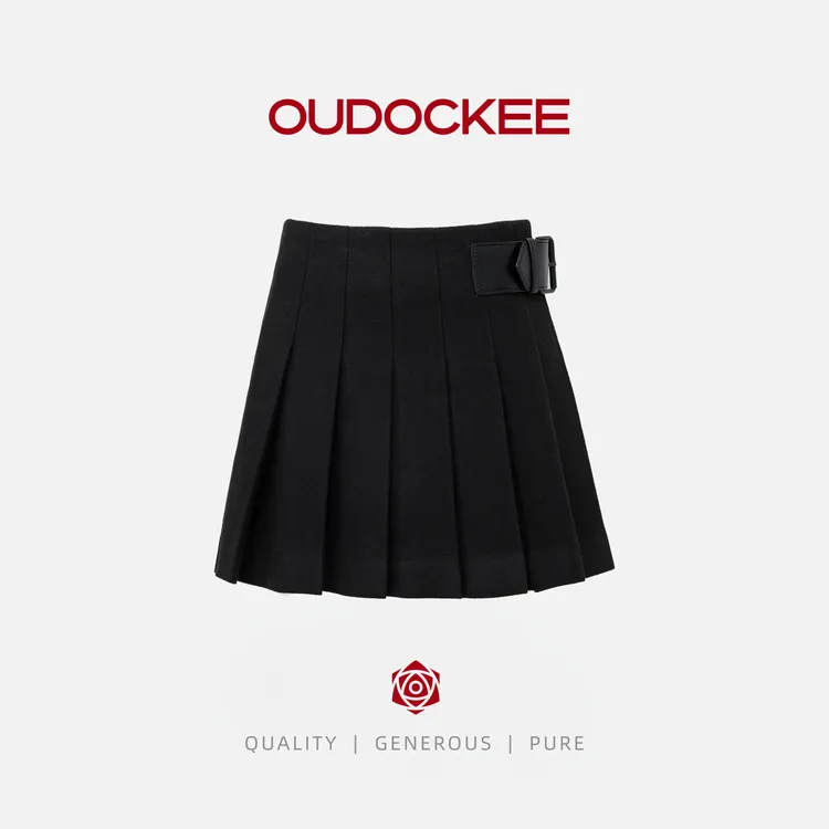 OUDOCKEE 鸥鸥【鸥鸥同款】时髦设计感高腰百褶A字半身裙 BACX722T