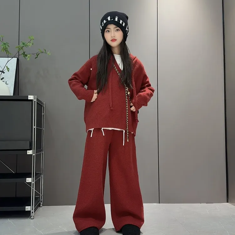 女童韩范时尚连帽针织毛衣休闲阔腿裤两件套冬季新款潮