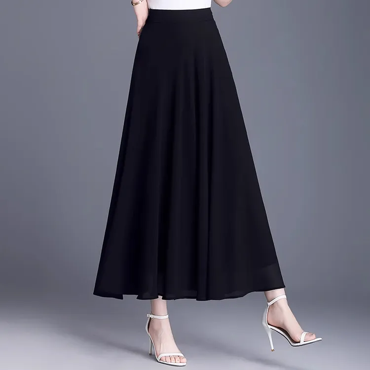 拉夏贝尔雪纺a字裙半身裙女夏季2025年新款高腰显瘦纯色百褶长裙