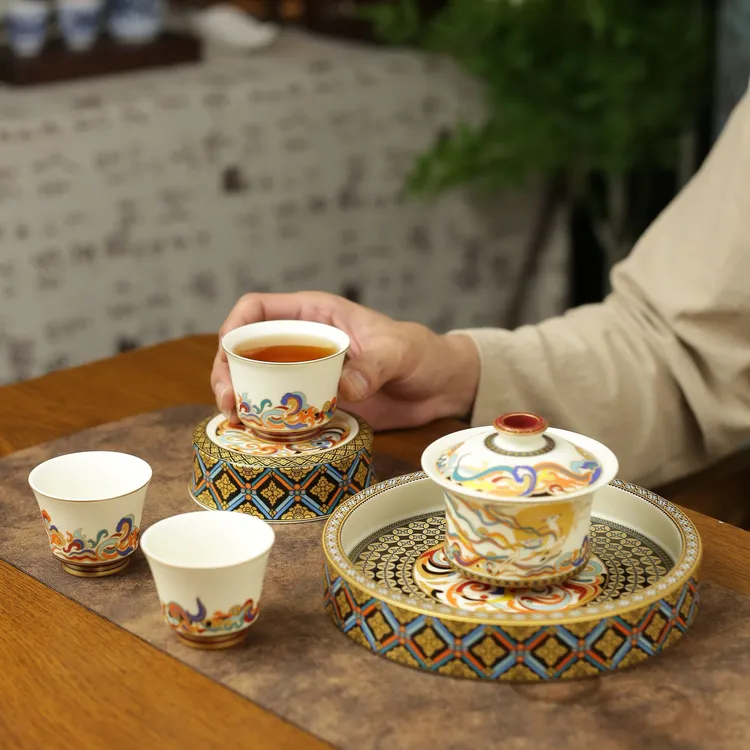 半岭窑高颜值敦煌九色鹿茶具三杯套组高端悬停泡茶器整套茶具礼盒
