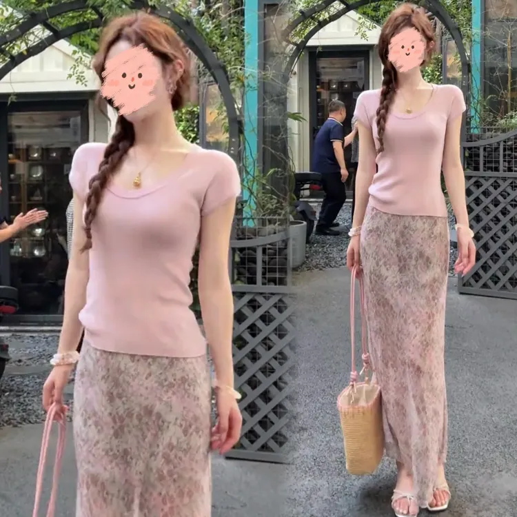 夏季新款2025针织短袖百搭纯色U领粉色针织衫上衣薄款搭配半身裙