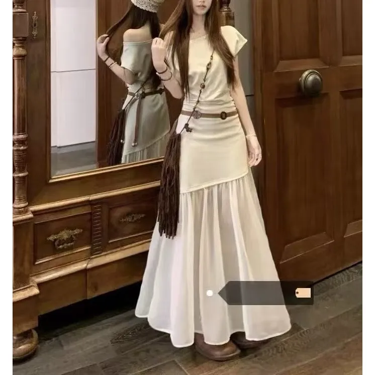 【三三推荐】大码波西米亚度假风一字领露肩两件套1910