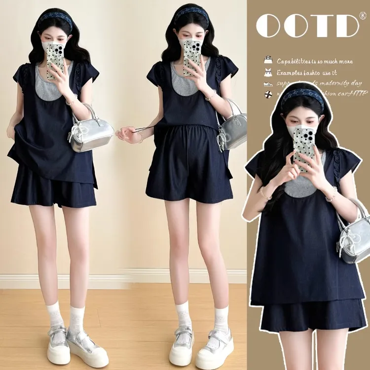 孕妇夏套装时尚洋气时髦休闲假两件宽松牛仔上衣慵懒风短裤两件套