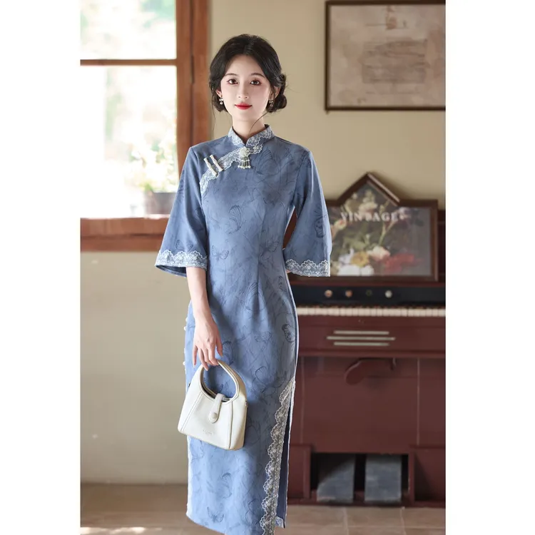 青未了【沧霓】迎秋季上新款麂皮绒中国风改良日常修身旗袍 衣长120