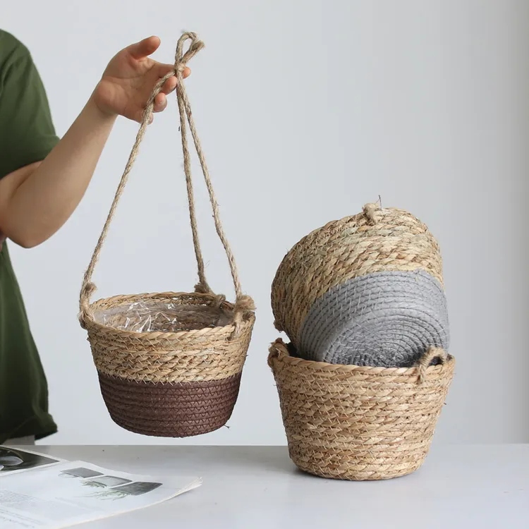 创意北欧风草编吊篮花盆可垂吊悬挂壁挂式家居装饰花器