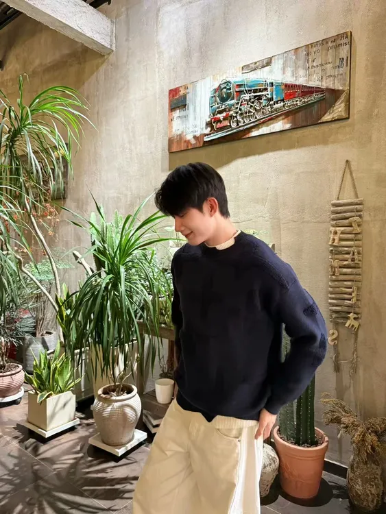 提花加厚打底绒感假两件创意图案毛衣男圆领秋冬季韩版圆领针织衫