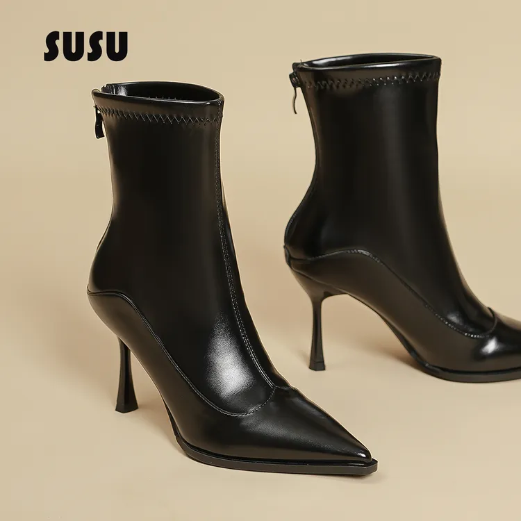 高跟短靴女2025新款秋冬高级感气质舒适尖头软皮后拉链弹力瘦瘦靴