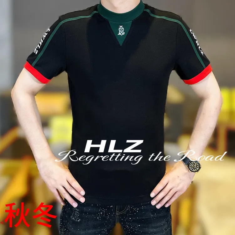 2025秋冬男士新款小佛爷修身弹力百搭潮流刺绣加厚圆领短袖打底衫