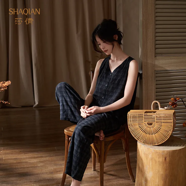 莎倩2025年新款夏季V领梭织棉女士睡衣背心九分裤凉感外穿家居服
