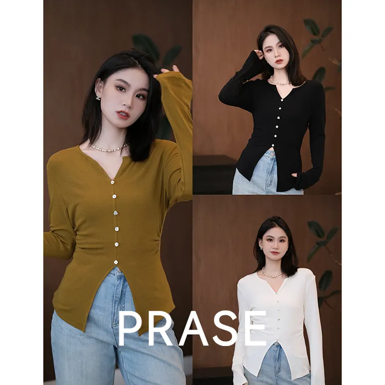 PRASE·噜【温妮日记】微胖轻奢设计款秋女V领收腰针织小衫PR507E56