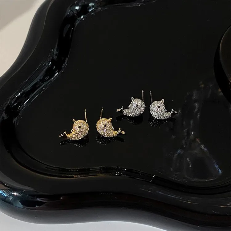 铜合金锆石耳饰 新款时尚耳钩耳环小众高级感小鱼珠设计趣味可爱