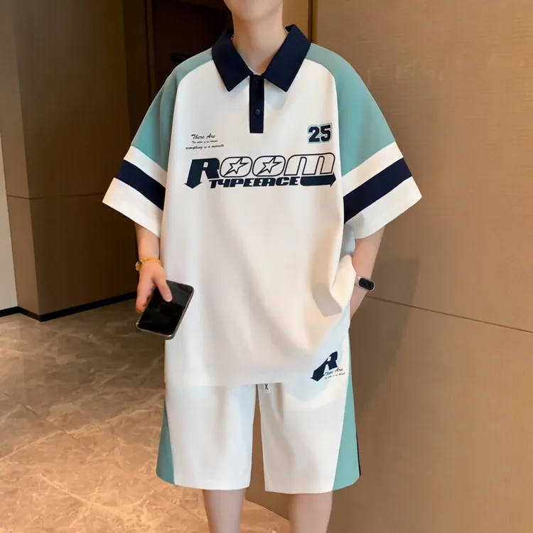 夏季男大学生时尚套装短裤百搭印花男休闲潮流休闲运动套装