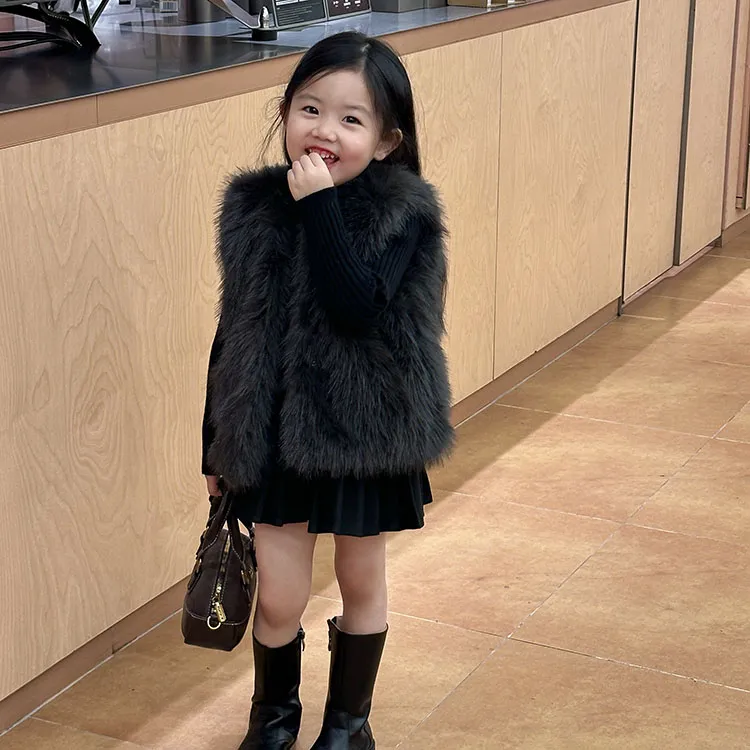 儿童皮草马甲秋冬新款宝宝洋气加厚女童时髦马夹环保毛毛外套坎肩