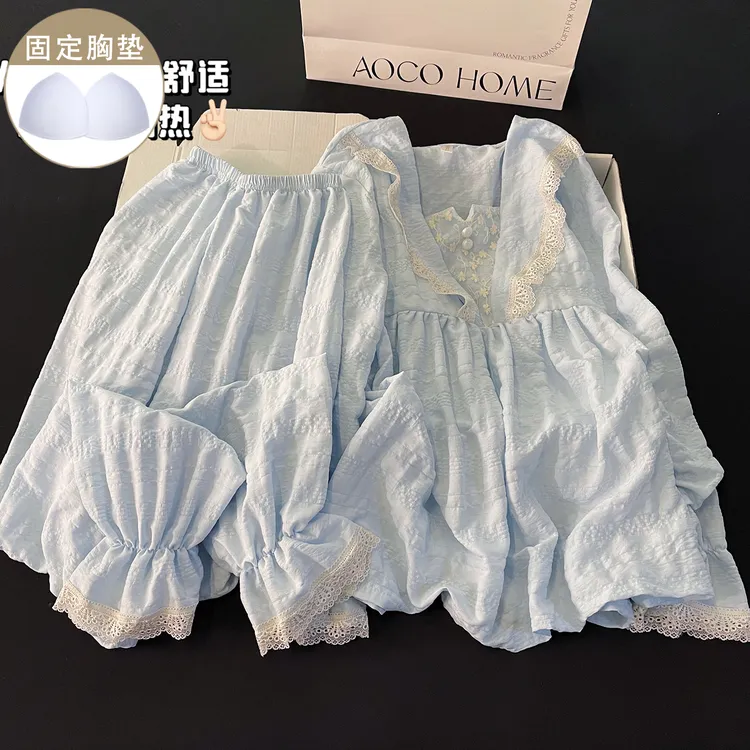 宫廷风带胸垫睡衣女秋冬新款加大码春秋季蓝色宽松长袖胖MM家居服