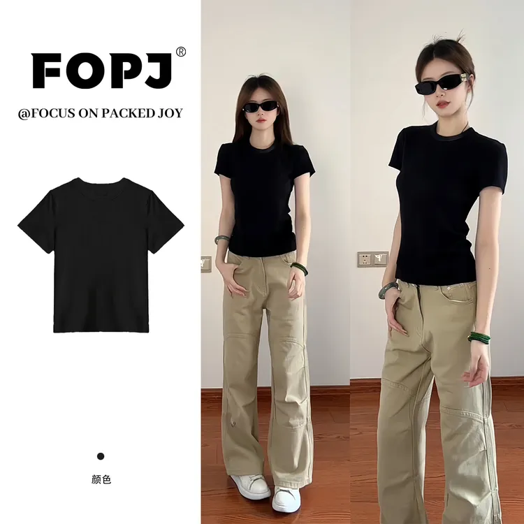 FOPJ韩版正肩短袖t恤女春夏季休闲百搭纯色修身显瘦简约上衣【618】