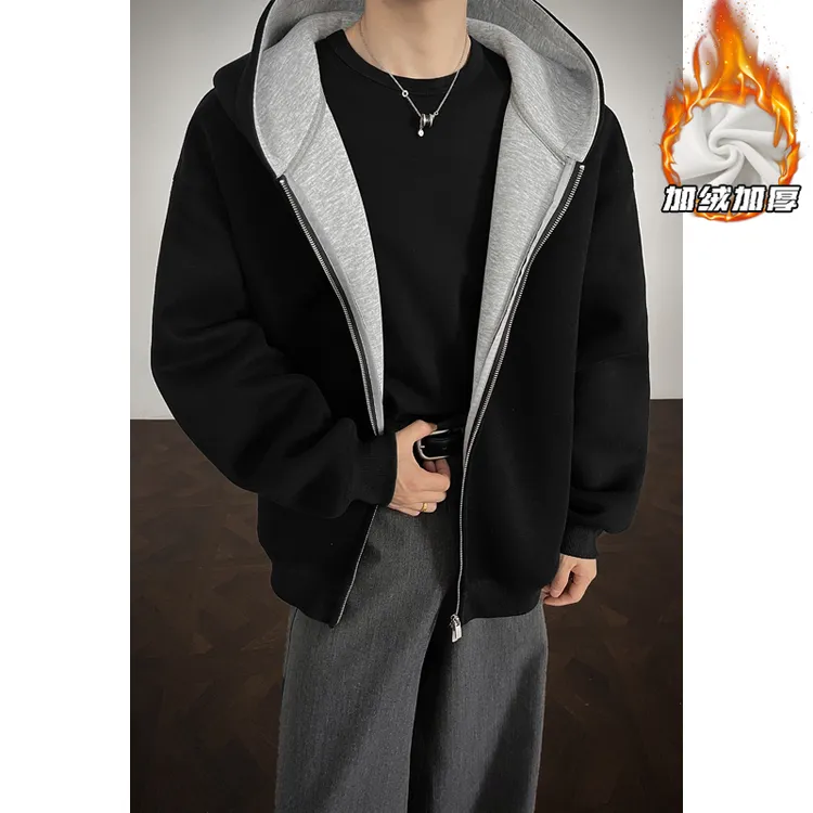 美式复古拼色连帽卫衣秋冬潮流休闲百搭双拉链撞色高级感情侣外套