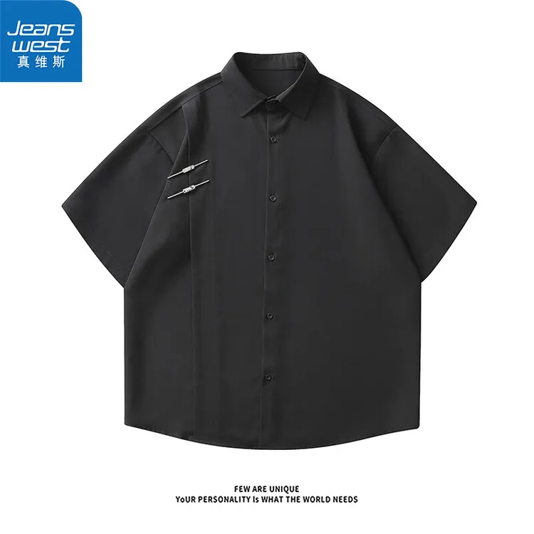 【真维斯】夏季男士新中式短袖衬衫潮牌复古设计感纯色半袖衬衣外套