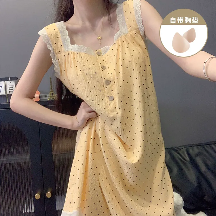 夏季新款甜美风外穿带胸垫无袖背心睡裙女款蕾丝女士睡衣裙家居服