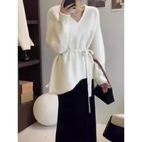 时尚慵懒风V领宽松显瘦毛衣配飘带韩系不规则设计上衣82023#0.1
