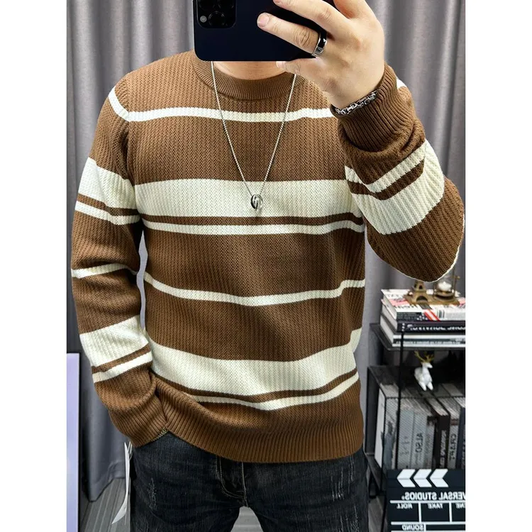 条纹毛衣男2025秋冬新款圆领休闲上衣百搭套头长袖针织衫男士打底