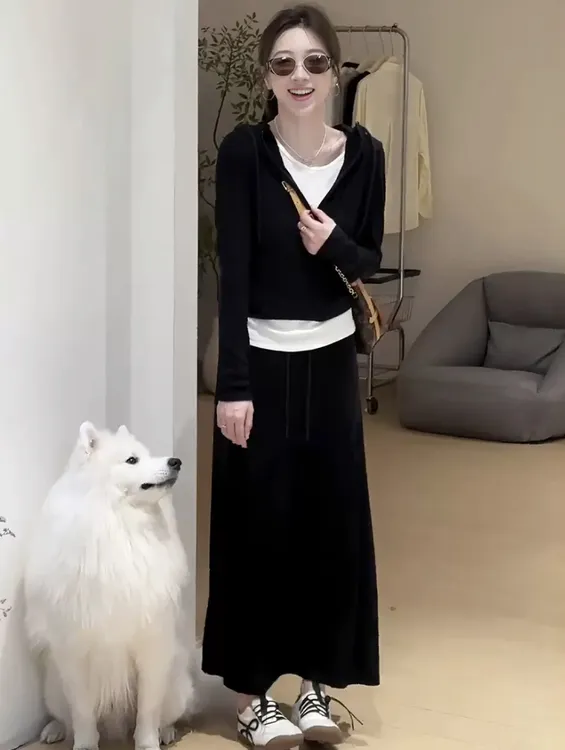早秋新款简约温柔假两件上衣半身裙穿搭套装