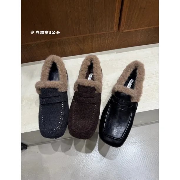 2025冬季新款内增高方头加绒单鞋休闲时尚百搭保暖乐福鞋毛毛鞋