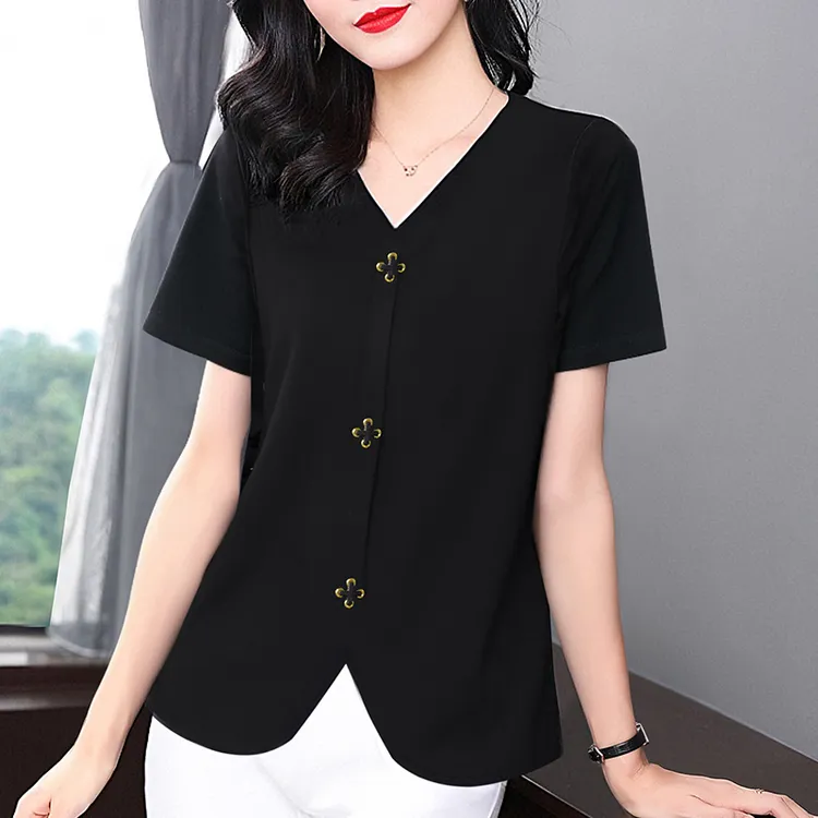 大码短袖t恤女2025春夏新款妈妈洋气宽松显瘦v领上衣时尚夏日穿搭