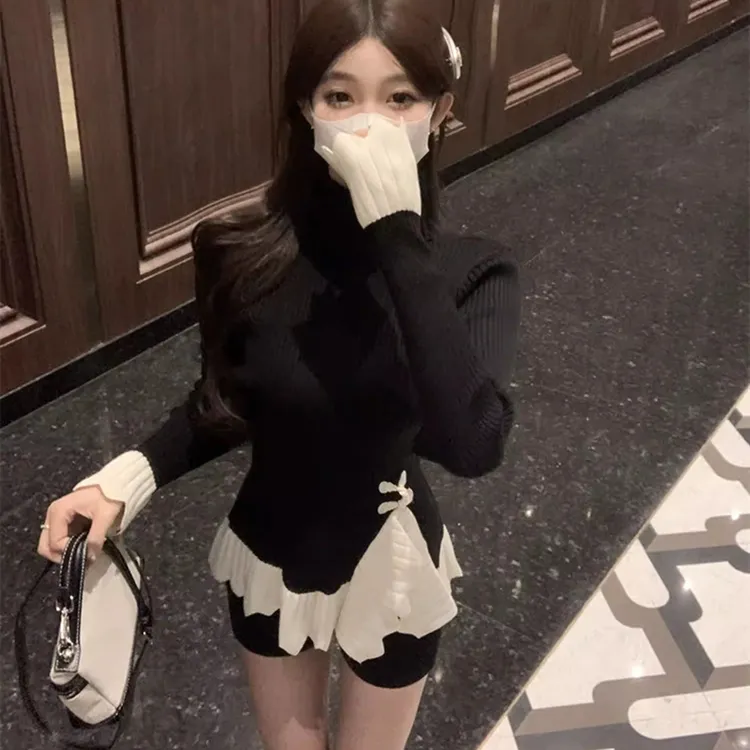 ZB#秋冬韩版小香风盘扣针织衫女荷叶边上衣打底衫内搭高领毛衣