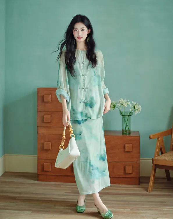新中式国风复古盘扣开衫套装印花绝美吊带连衣裙子女春夏季两件套