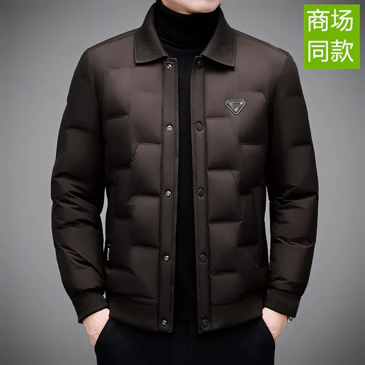 专柜品质秋冬男士冬季保暖时尚韩版短款针织翻领白鸭绒羽绒外套