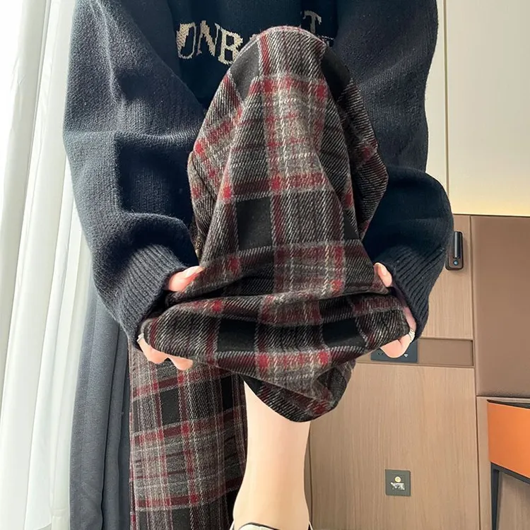 大码胖m300斤毛呢格子裤女春夏季复古高腰垂感宽松磨毛休闲阔腿裤