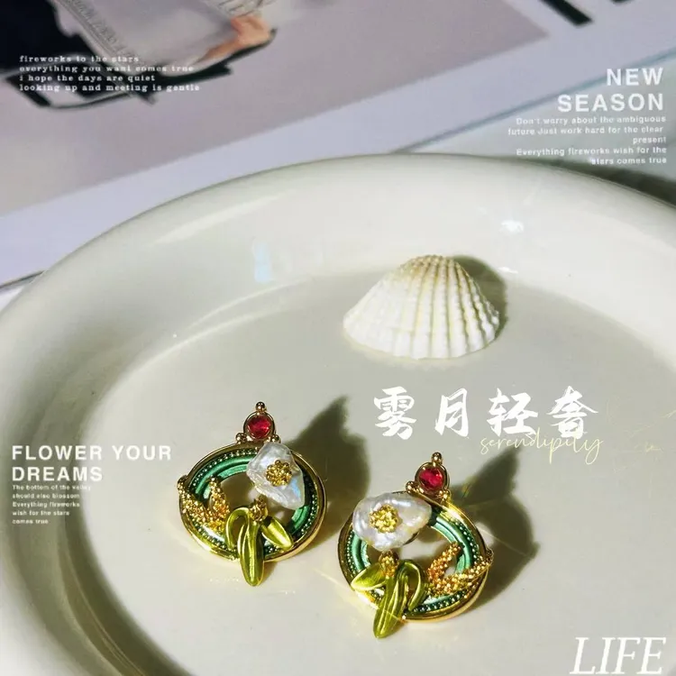 纯铜仿珍珠耳饰 法式复古高级感麦穗巴洛克珍珠耳钉气质