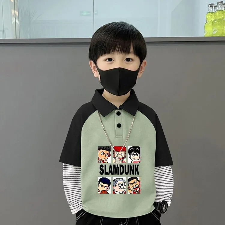 卡通动漫男女通用短袖POLO衫童装春秋季翻领撞色假两件韩版打底衫